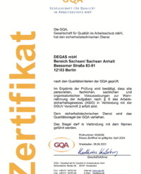 Zertifikat GQA: § 6 des Arbeitssicherheitsgesetzes (ASIG) in Verbindung mit der DGUV Vorschrift 2